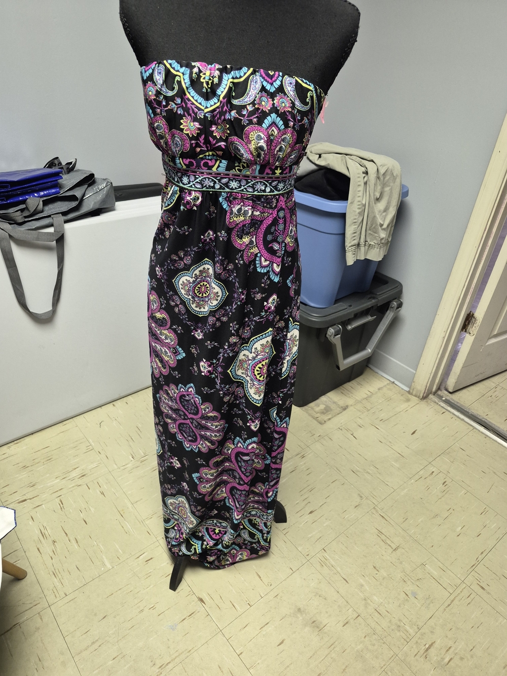 HeartSoul Strapless Black Maxi Dress with Pink & Teal Paisley